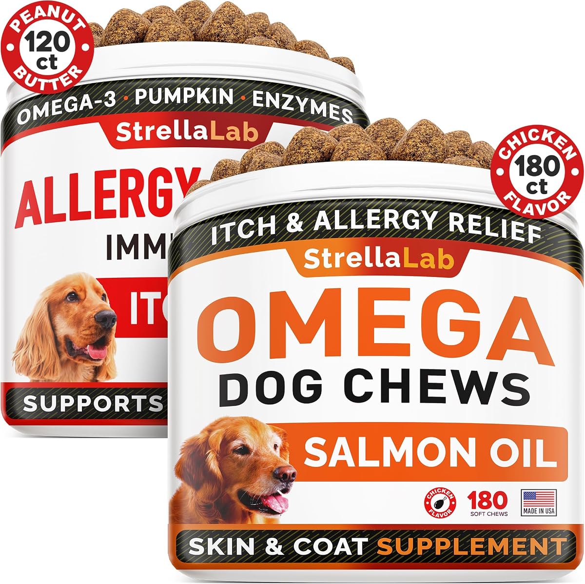 Allergy Relief + Omega 3 Dogs Bundle - Itchy Skin Treatment + Allergy & Itch Relief Skin & Coat Supplement - Omega3 & Pumpkin - Anti Itch Support - 300 ct - Peanut Butter + Salmon Flavor - Made in USA