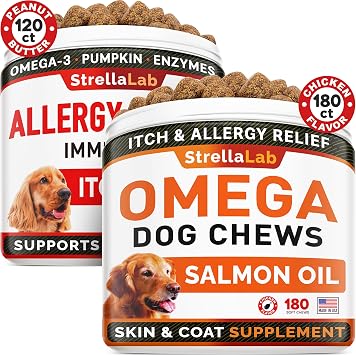 Allergy Relief + Omega 3 Dogs Bundle - Itchy Skin Treatment + Allergy & Itch Relief Skin & Coat Supplement - Omega3 & Pumpkin - Anti Itch Support - 300 ct - Peanut Butter + Salmon Flavor - Made in USA