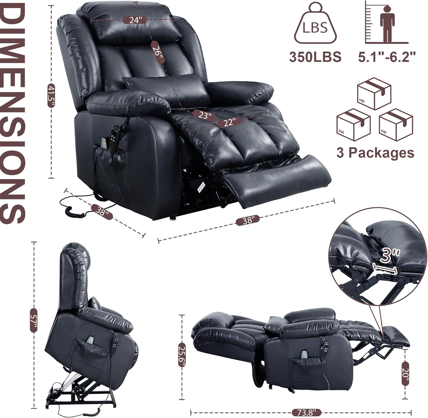EDILLY Large Reclining Lift Chair, Dual Motor Massage Chair, Genuine Leather Recliner with Heating and Massage for Seniors, with Double Lumbar Cushion and Extended Footrest, USB Port(Blue)