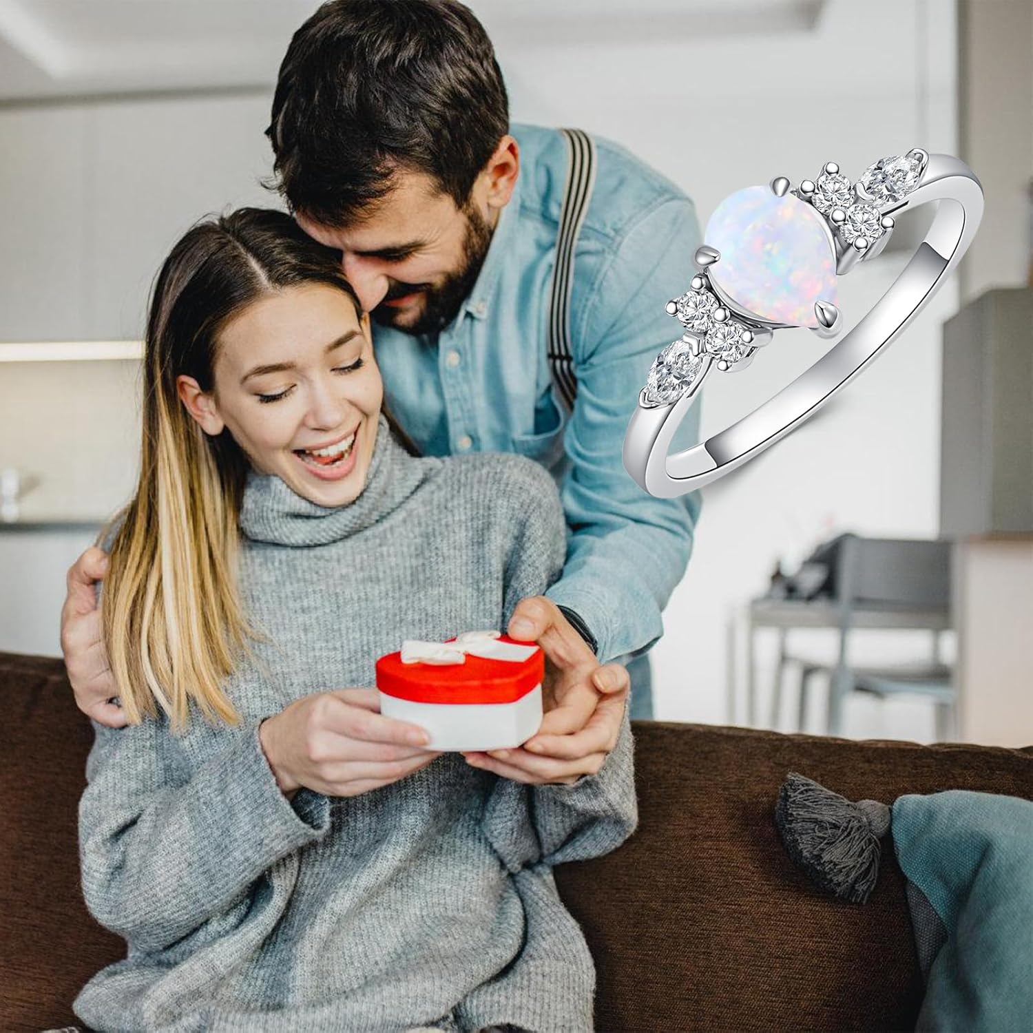 Center 1CT Pear Shaped Opal Engagement Rings for Women Platinum Plated Silver White Opal with Moissanite Engagement Ring for Valentine's Day, Anniversary - Image 5