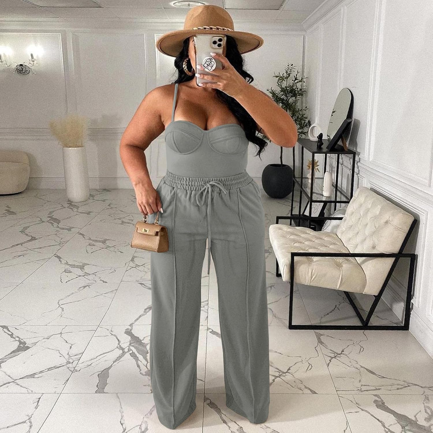 Women's Plus Size Casual Wide Leg Pants High Waisted Drawstring Baggy Sweatpants Elastic Straight Leg Lounge Pants - Image 4