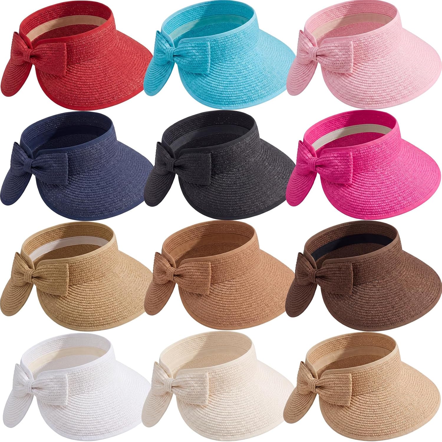 Tigeen 12 PCS Sun Visors for Women Beach Straw Hats Wide Brim Ponytail Hat for Summer Beach Foldable Sun Visors(Sun Visors) Colorful