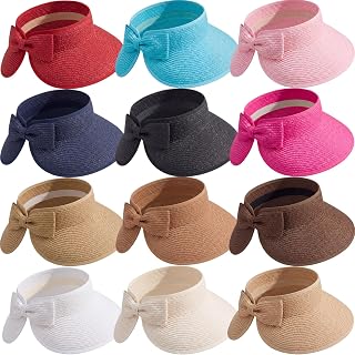 Tigeen 12 PCS Women's Wide Brim Straw Hats Floppy Sun Hat Panama Fedora for Tea Party Foldable Sun Visors Summer Beach Cap(Colorful,Sun Visors)