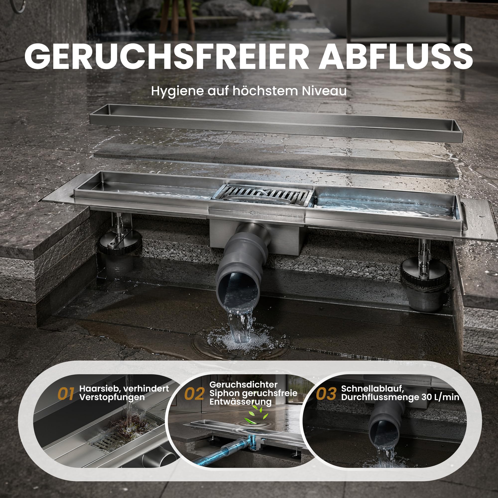Befliesbar Duschrinne 80 cm | AISI 304 Edelstahl Duschablauf mit Geruchsfreiem Siphon, Haarfilter, Barrierefreiem Design für Bodengleiche Dusche