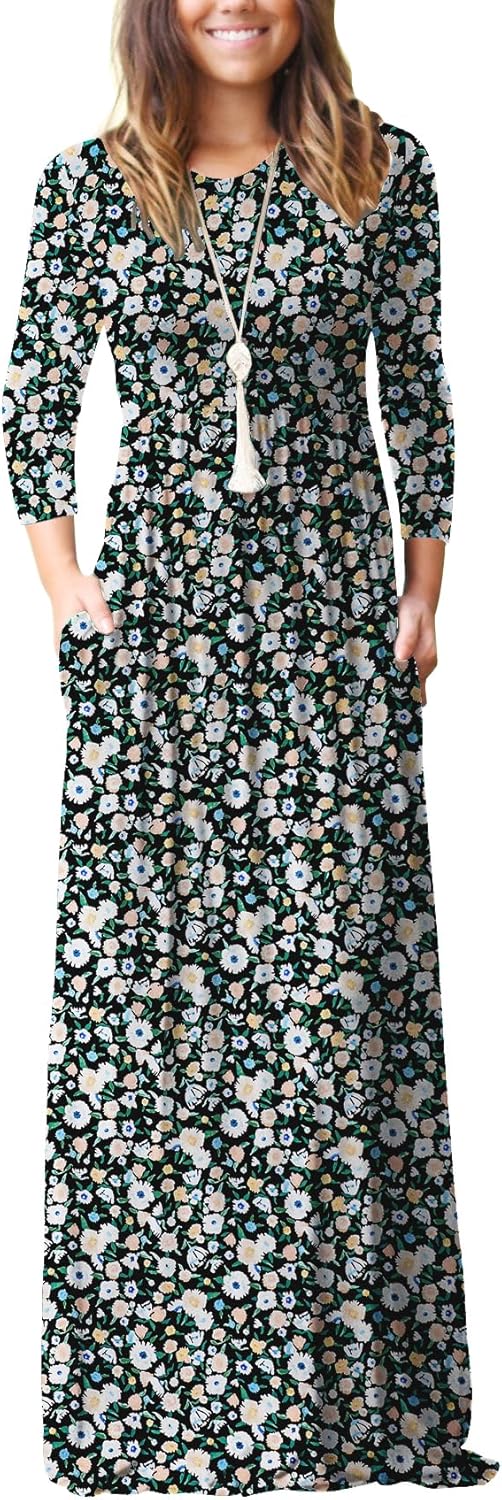 GRECERELLE Women Long Sleeve Casual Round Neck Loose Solid Floral Maxi Long Dress with Pockets, S-3XL
