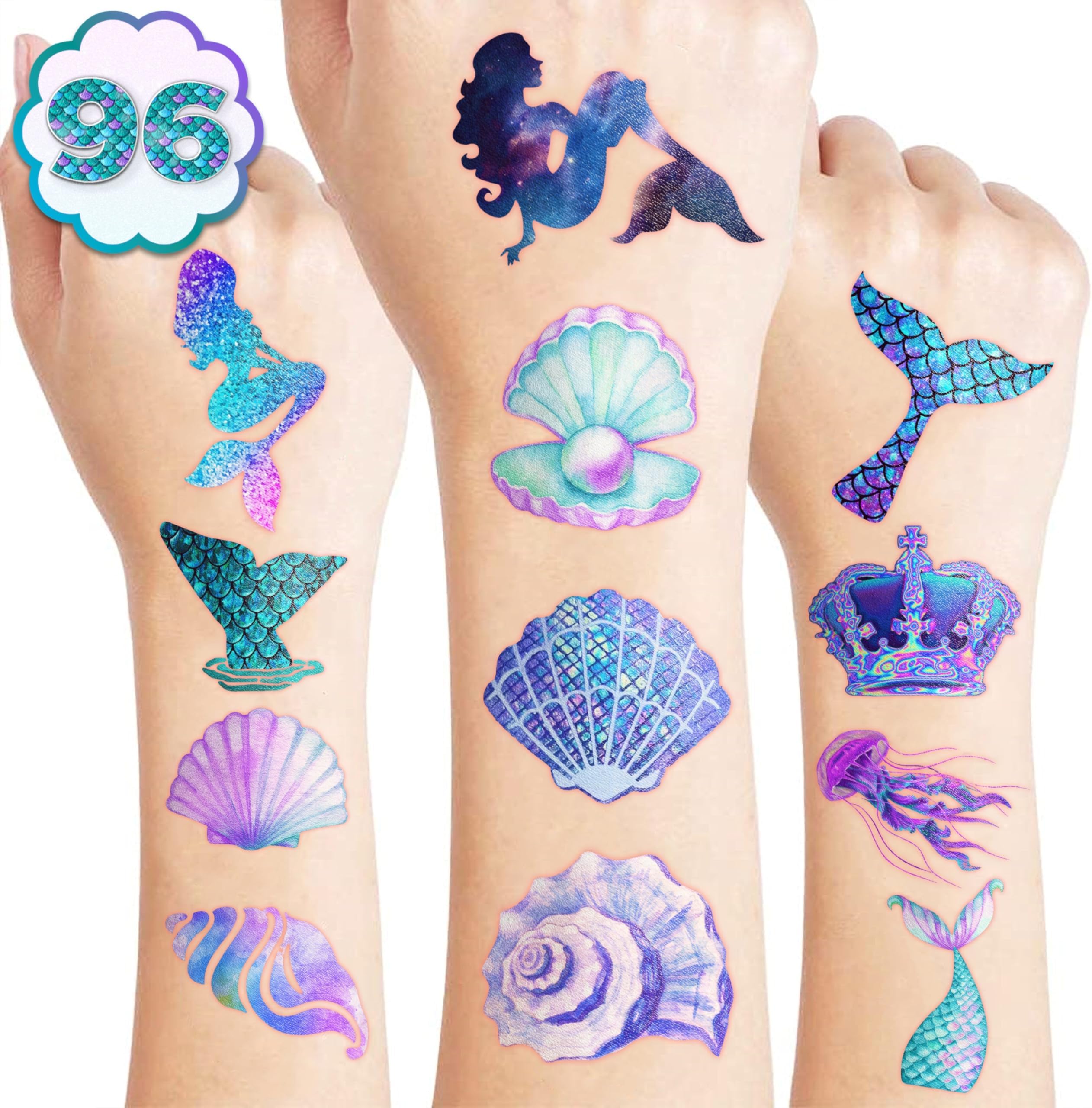 - 96PCS Mermaid Pre-Cut Temporary Tattoos for Kids - Cute Under the Sea Party Favors, Perfect for Ocean Mermaid-Themed Birthdays, School Rewards, and Baby Showers (Normal)