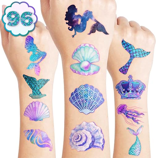 Generic 96PCS Mermaid Pre-Cut Temporary Tattoos for Kids - Cute Under the Sea Party Favors, Perfect for Ocean Mermaid-Themed Birthdays, School Rewards, and Baby Showers (Normal)