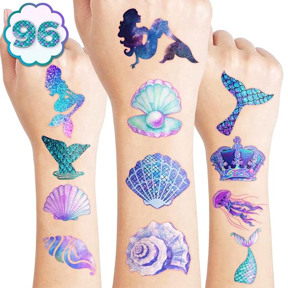 96PCS Mermaid Pre-Cut Temporary Tattoos for Kids - Cute Under the Sea Party Favors, Perfect for Ocean Mermaid-Themed Birthdays, School Rewards, and Baby Showers Normal
