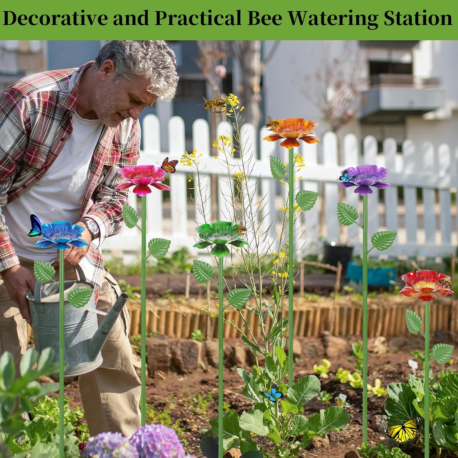4 Pack Bee Watering Station - Flowers Butterfly Feeder, Bee Water Feeders for Outside, Metal Garden Decor, Bee Baths for Garden Yard Patio (Blue,Yellow,Red,Green)