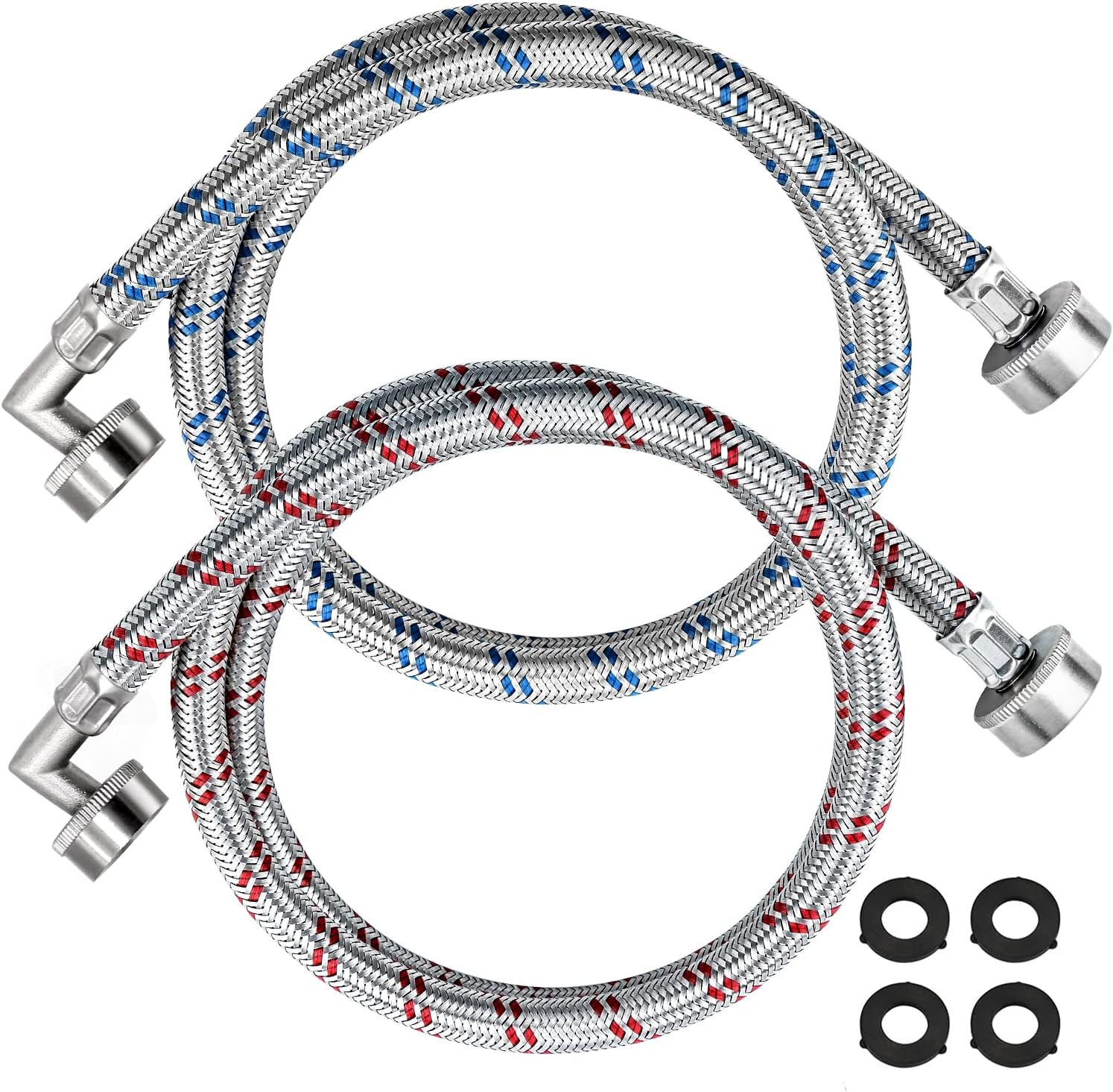 Beaquicy Washer Stainless Steel Hoses with 90 Degree Elbow - 4 Ft Long Red and Blue (2 Pack) Burst Proof - Hot and Cold Striped Water Supply Lines for Washing Machine - 10YEAR WARRANTY