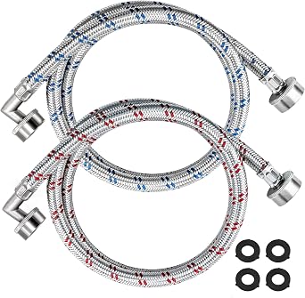 2026 UpgradedWasher Stainless Steel Hoses with 90 Degree Elbow - 4 Ft Long Red and Blue 2 Pack Burst Proof - Hot and Cold Striped Water Supply Lines for by Beaquicy