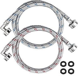 Beaquicy Washer Stainless Steel Hoses with 90 Degree Elbow - 4 Ft Long Red and Blue (2 Pack) Burst Proof - Hot and Cold Striped Water Supply Lines for Washing Machine - 10YEAR WARRANTY