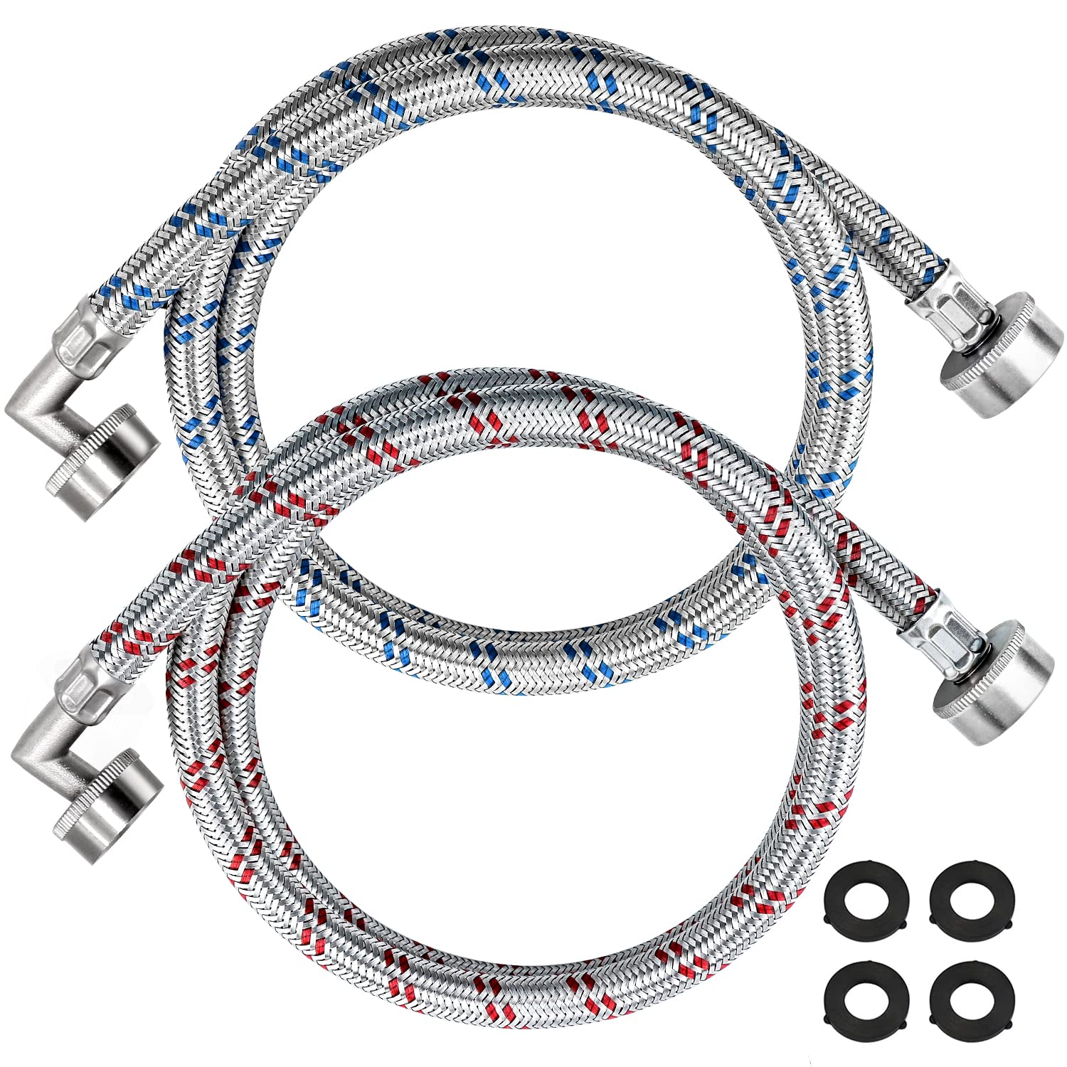 Beaquicy Stainless Steel Washer Hoses with 90 Degree Elbows - 4 Ft Long Red and Blue (2 Pack) Burst Proof - Hot and Cold Striped Water Supply Lines for Washing Machine