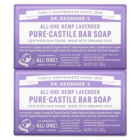 Dr. Bronner's Pure-Castile Bar Soap - Made with Regenerative Certified Organic Oils - For Face, Body, Hair- Gentle on Sensitive Skin - All Natural Soap Bar for Men & Women - Lavender, 2 pack,...