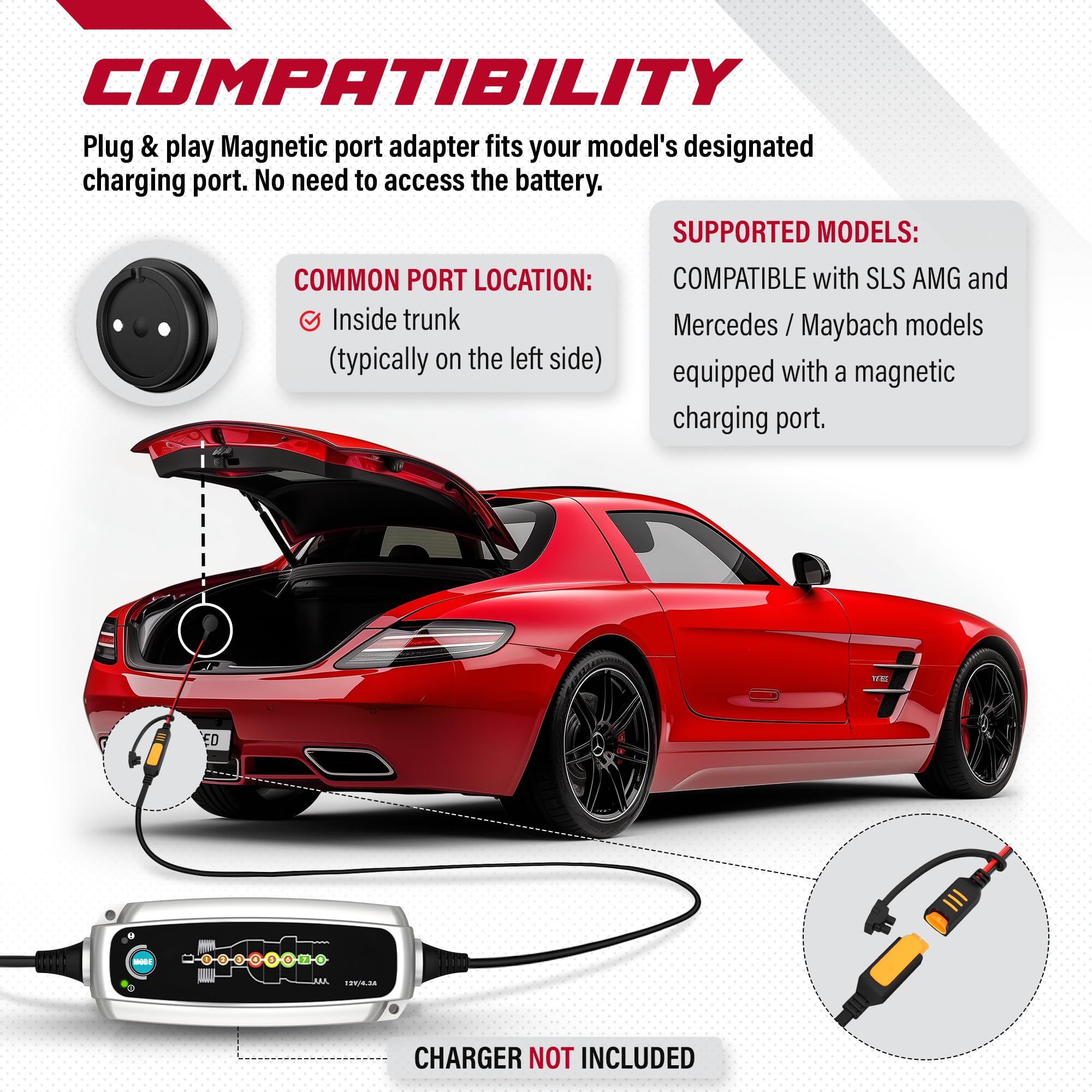 JMR Adapter for Mercedes-Benz SLS AMG Compatible with CTEK (Magnetic Port, No Indicator)