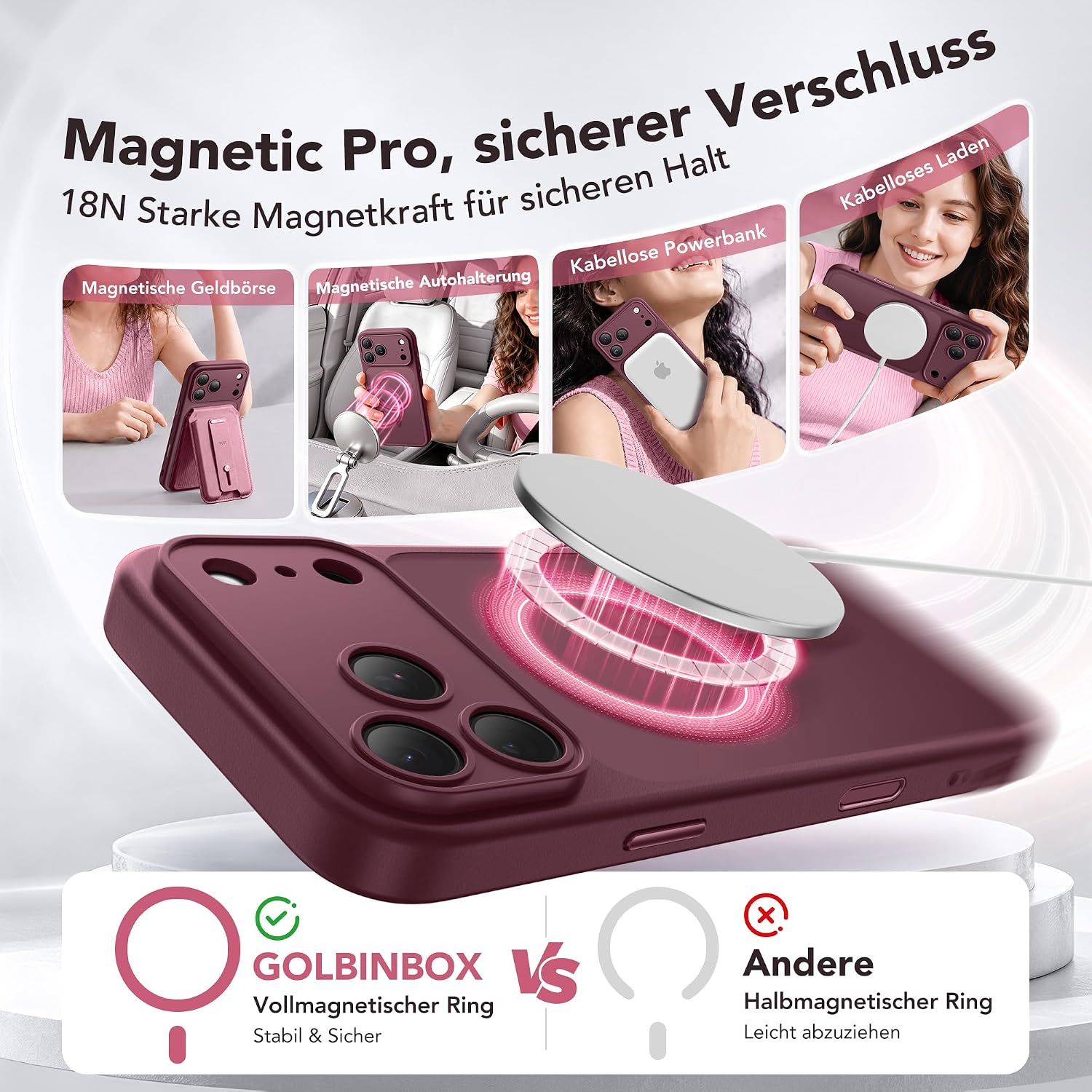 GOLBINBOX Magnetische Hülle für iPhone 18 Pro & iPhone 17 Pro, Weinrot - Mise en situation et utilisation