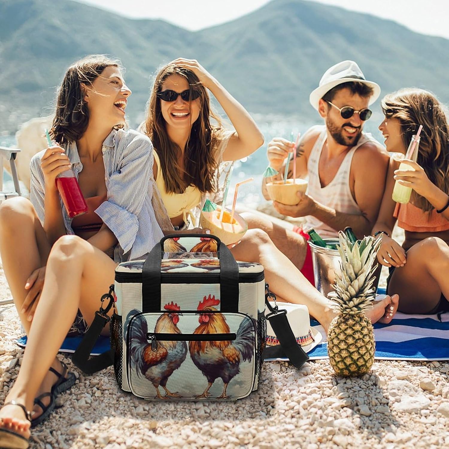 Rooster and Hen Cooler Bag Portable Insulated Lunch Bags Leakproof Ice Chest Large Capacity Soft Cooler Tote for Picnic Camping Work Travel Keep Food Drinks Fresh 22.5L