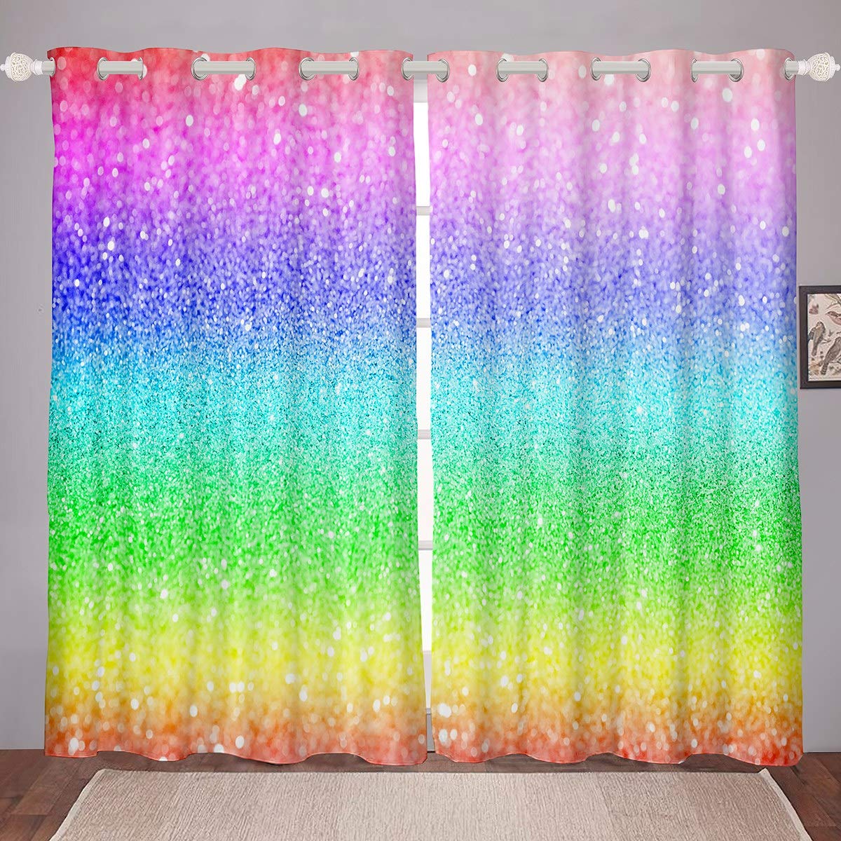 Loussiesd Girly Glitter Curtains for Bedroom Girls Kids Colorful Window Curtain Luxury Rainbow Blackout Curtains for Woman Stylish Modern Darkening Thermal Drapes W46*L54,2 Panel Set