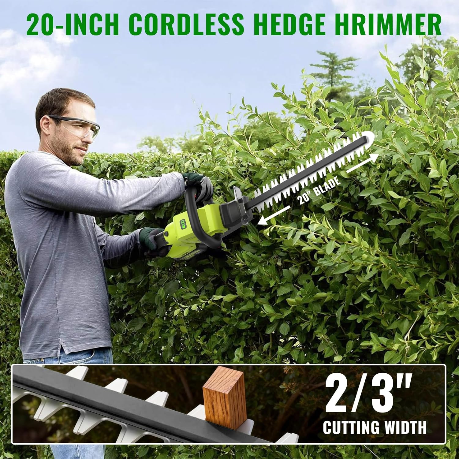BEATUFIRST 20V Hedge Trimmer Cordless with 2x5.0Ah Battery & Charger, 20-Inch Electric Tree Grass Trimmer with Rotatable Handle, Handheld Bush Clipper Cutter for Shrub Trimming, Garden, Lawn (Green)