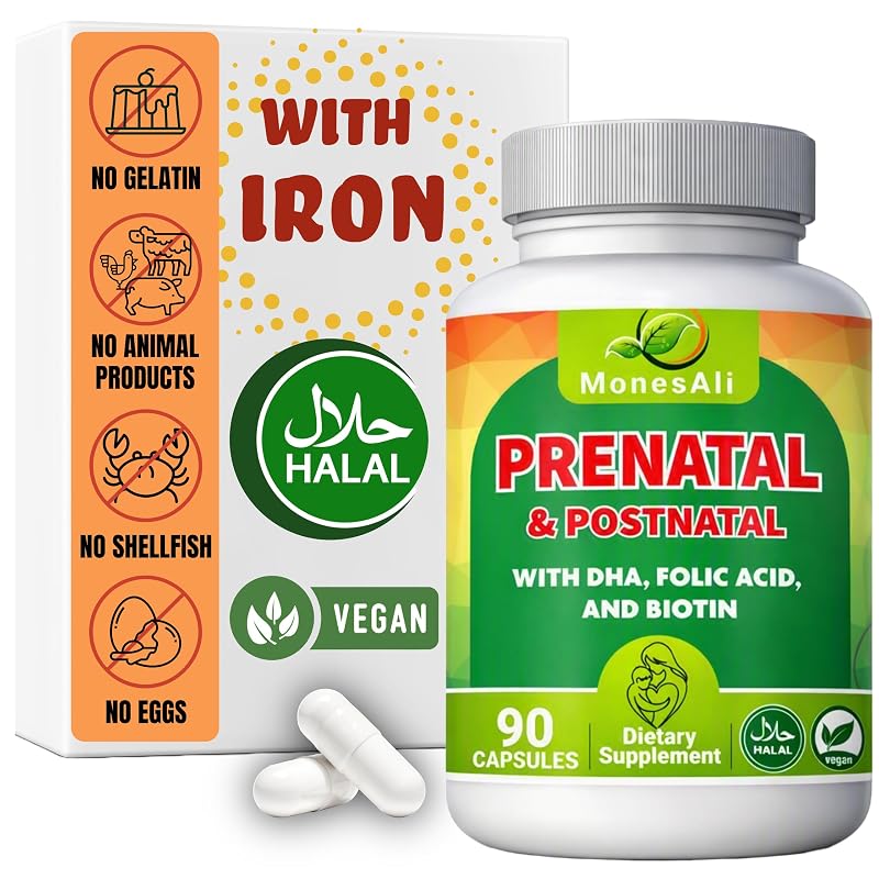 MonesAli Vitaminas pré-natais com folato, ferro e biotina, veganas, halal e sem gelatina, 90 cápsulas