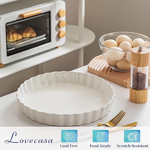 Miniatura 5 de LOVECASA Plato para hornear quiche de porcelana, sartén para quiche reutilizable de 10 pulgadas, plato redondo antiadherente, sartén para tartas con