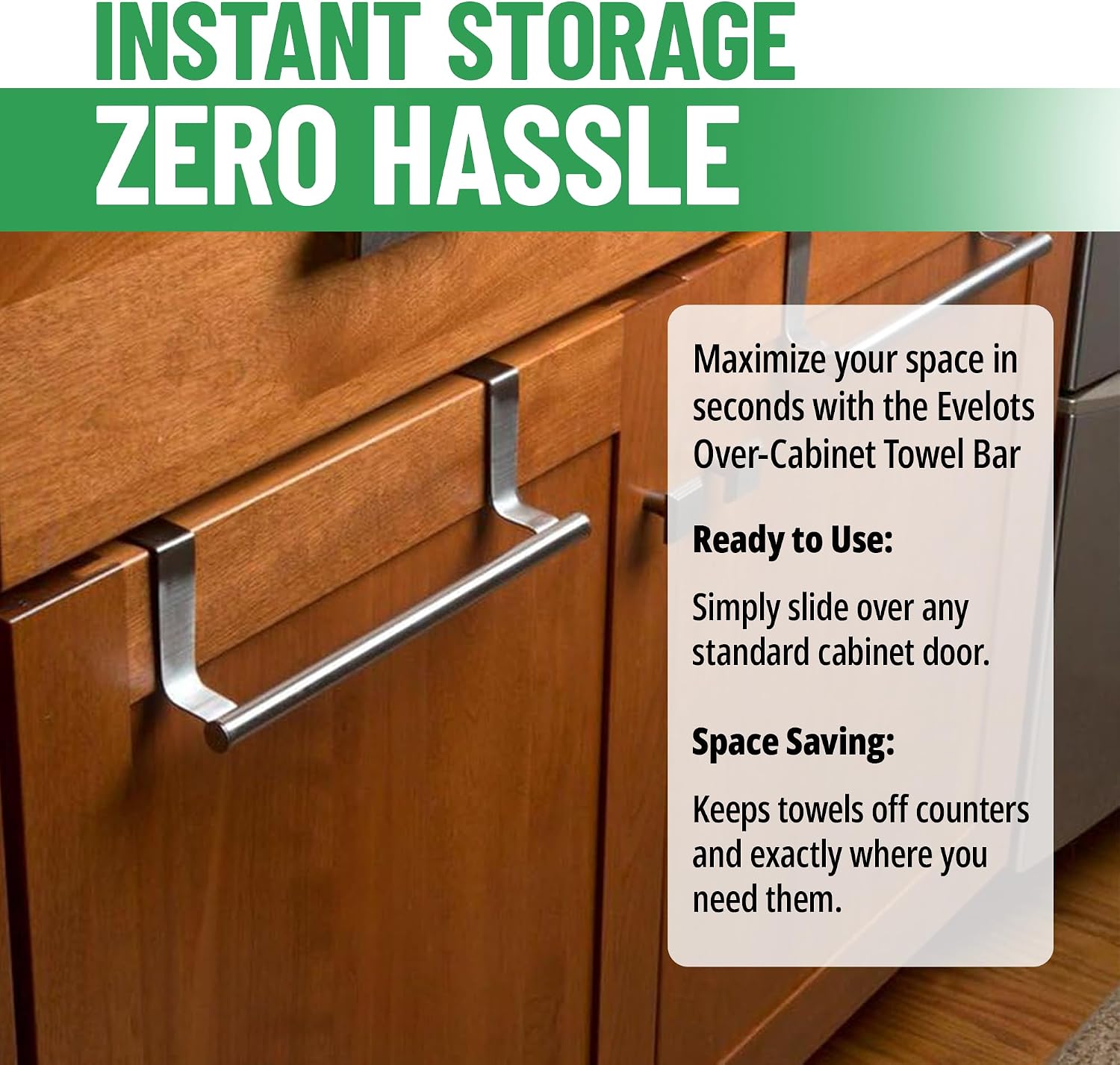 Evelots Over Cabinet Door Towel Bar Holder, Brushed Stainless Steel, 2-Pack | 2 brushed stainless steel towel bars hang over cabinet doors with no installation, helping prevent rust, scratches and damage