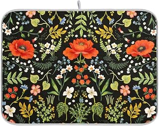 Colorful Floral Absorbent Dishes Drainer/Rack Mat for Countertop Small Size 16 x 18, Microfiber Dish Drying Pads Kitchen Counter Draining Pad
