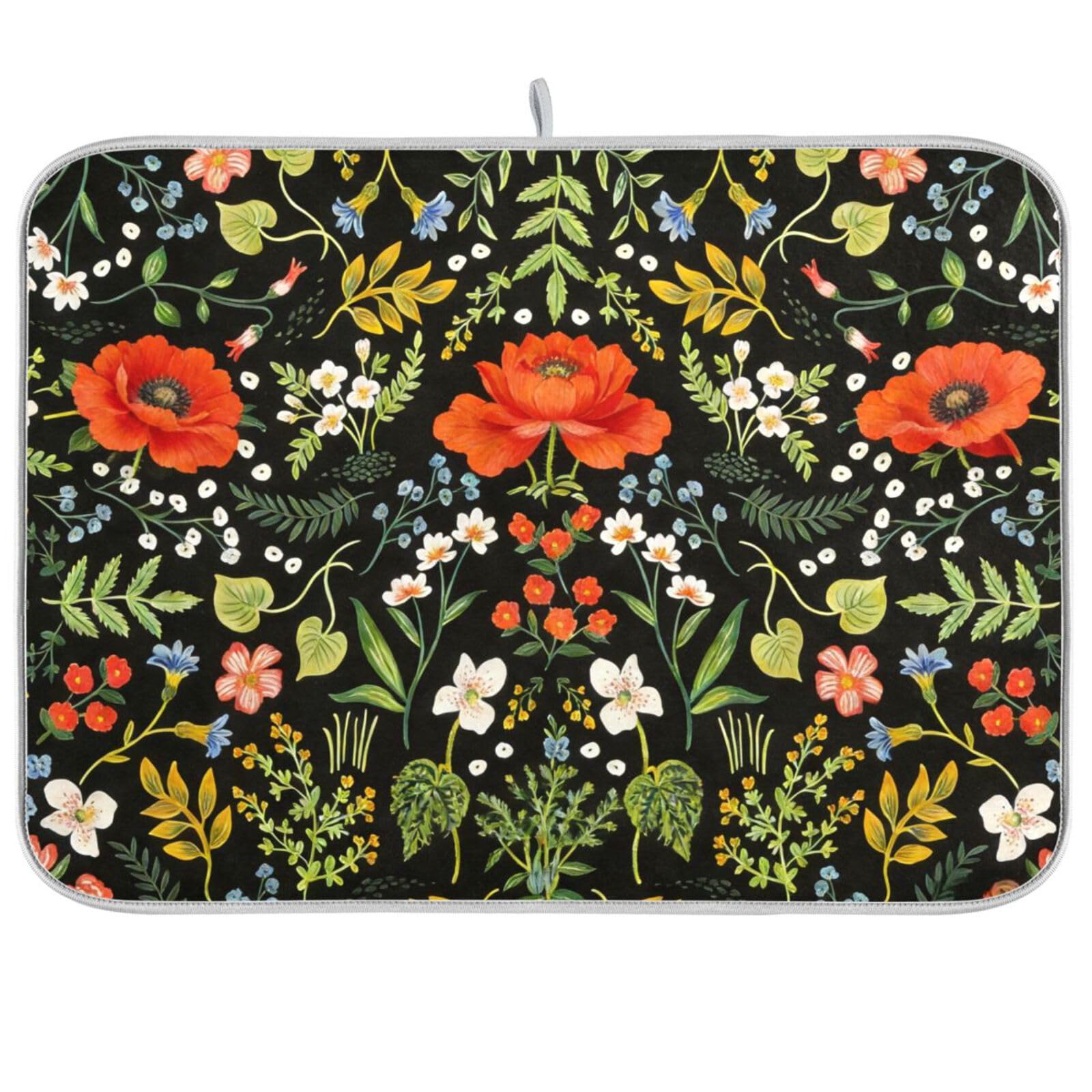 Colorful Floral Absorbent Dishes Drainer/Rack Mat for Countertop Small Size 16 x 18, Microfiber Dish Drying Pads Kitchen Counter Draining Pad