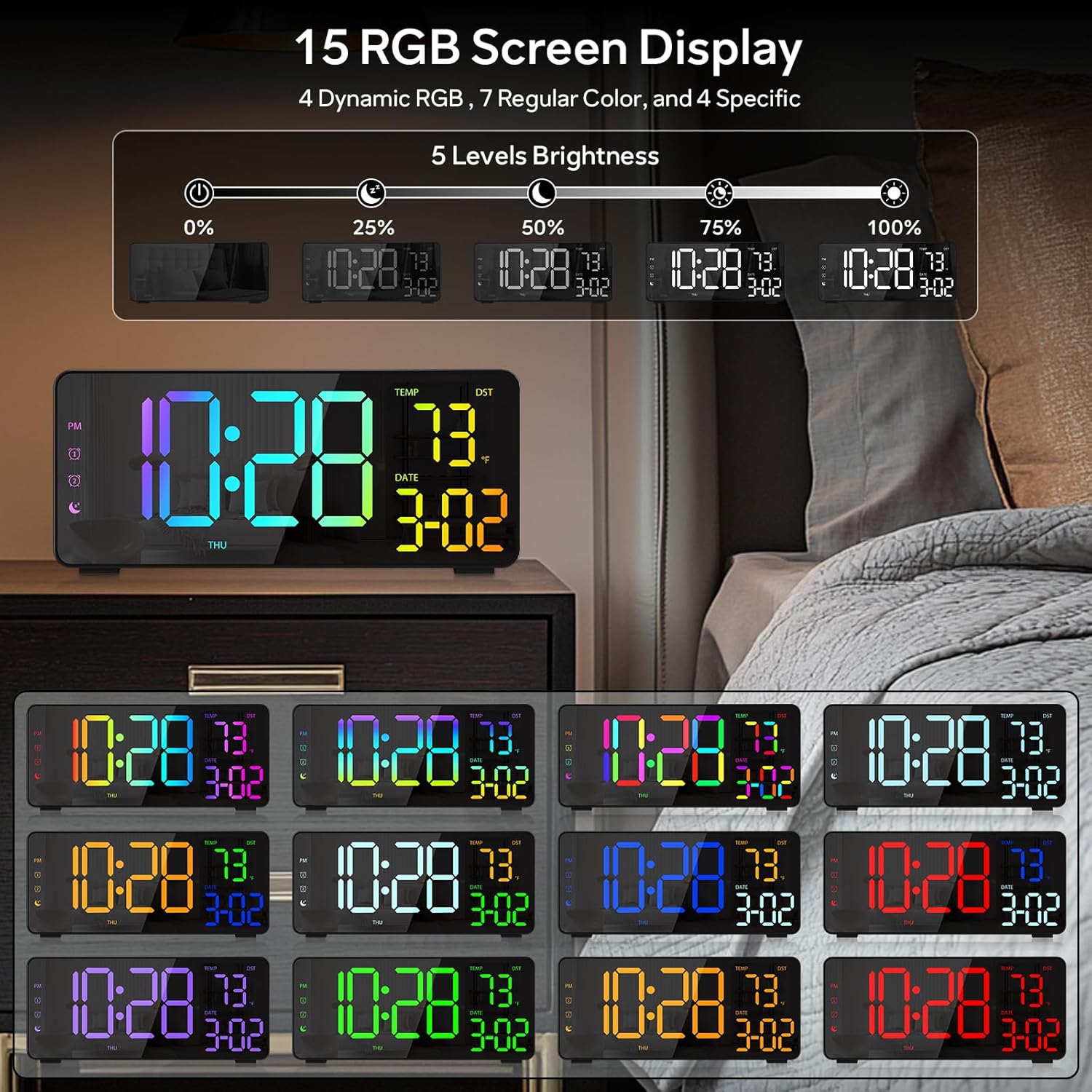 Digital Alarm Clock displaying 15 RGB screen colors and 5 brightness levels