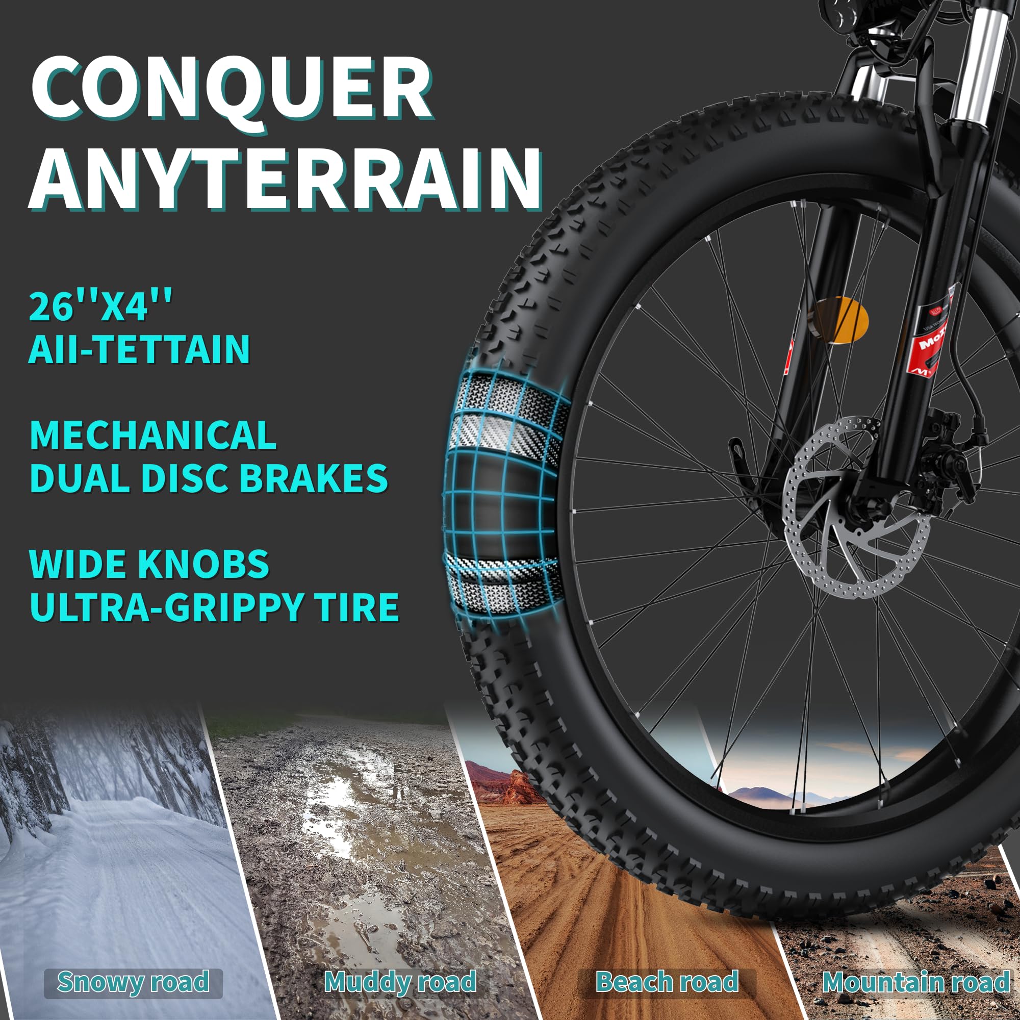 QnQ Vélo électrique, VTT 26 Pouces Pneus Gras, Batterie 48 V 15 Ah, autonomie jusqu'à 40-80 km, Double amortisseurs, Shimano 7 Vitesses, vélo électrique de Plage et de Neige