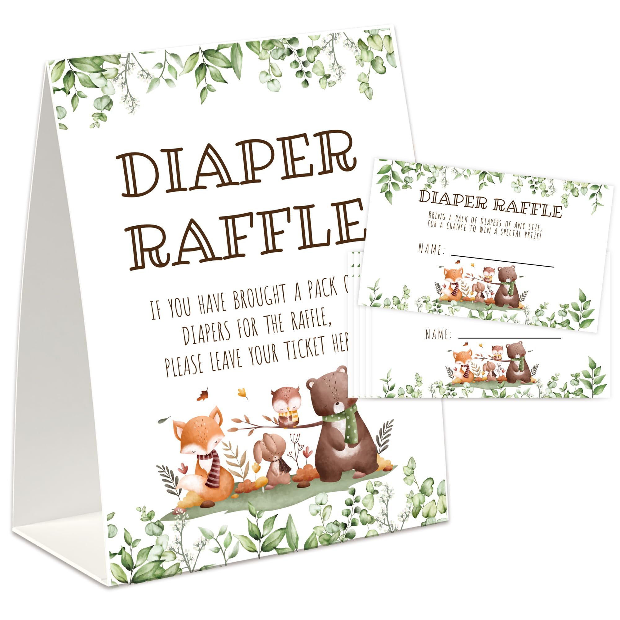 Woodland Baby Shower Decorations, Diaper Raffle Sign with 50 Tickets, Animals Diaper Raffle Cards Baby Shower Games-NBCJ01