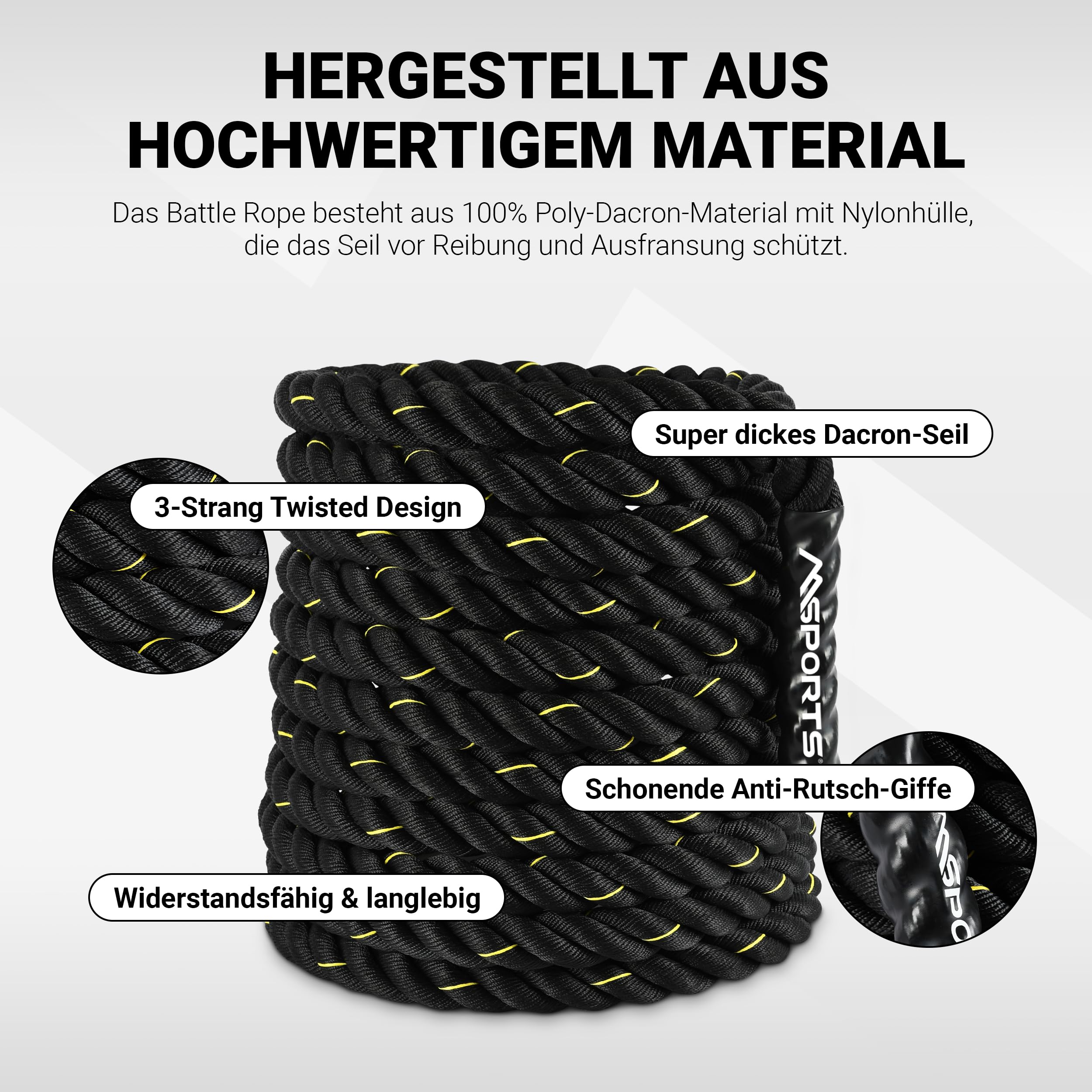MSPORTS Battle Rope Professional Studio Qualität | Länge: 15 m | Durchmesser: 5 cm | Trainingsseil Sportseil Schlagseil Fitness Tau Schlangenseil Schwungseil