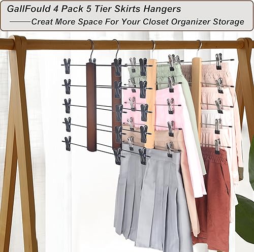 Miniatura 3 de GallFould Paquete de 4 perchas para pantalones que ahorran espacio, colgador de falda de 5 niveles con clips antideslizantes ajustables para
