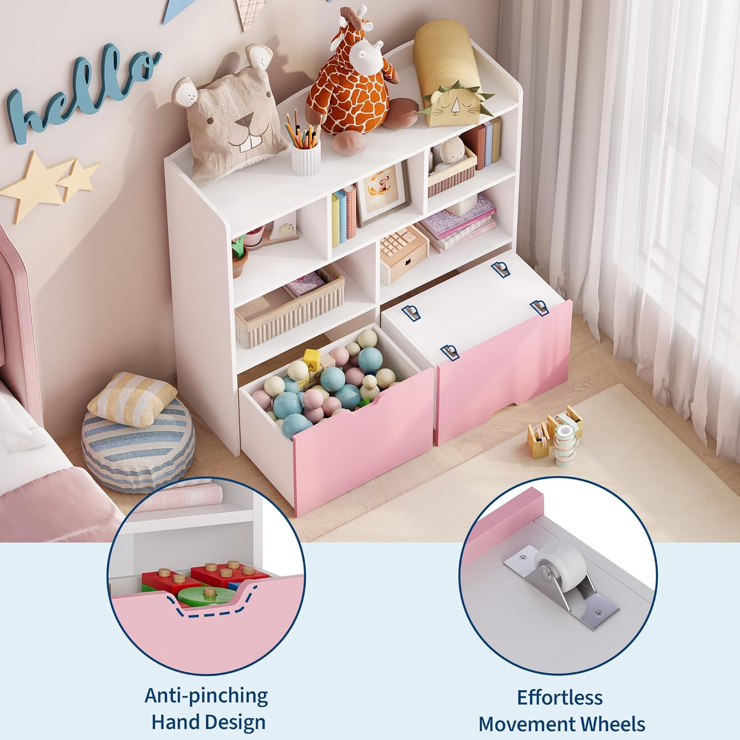 IDEALHOUSE Toy Storage Organizer with Movable Drawers, Kids Bookshelf with Hidden Wheels and 5 Open Cubbies, Multifunctional Storage Cabinet Chest for Playroom