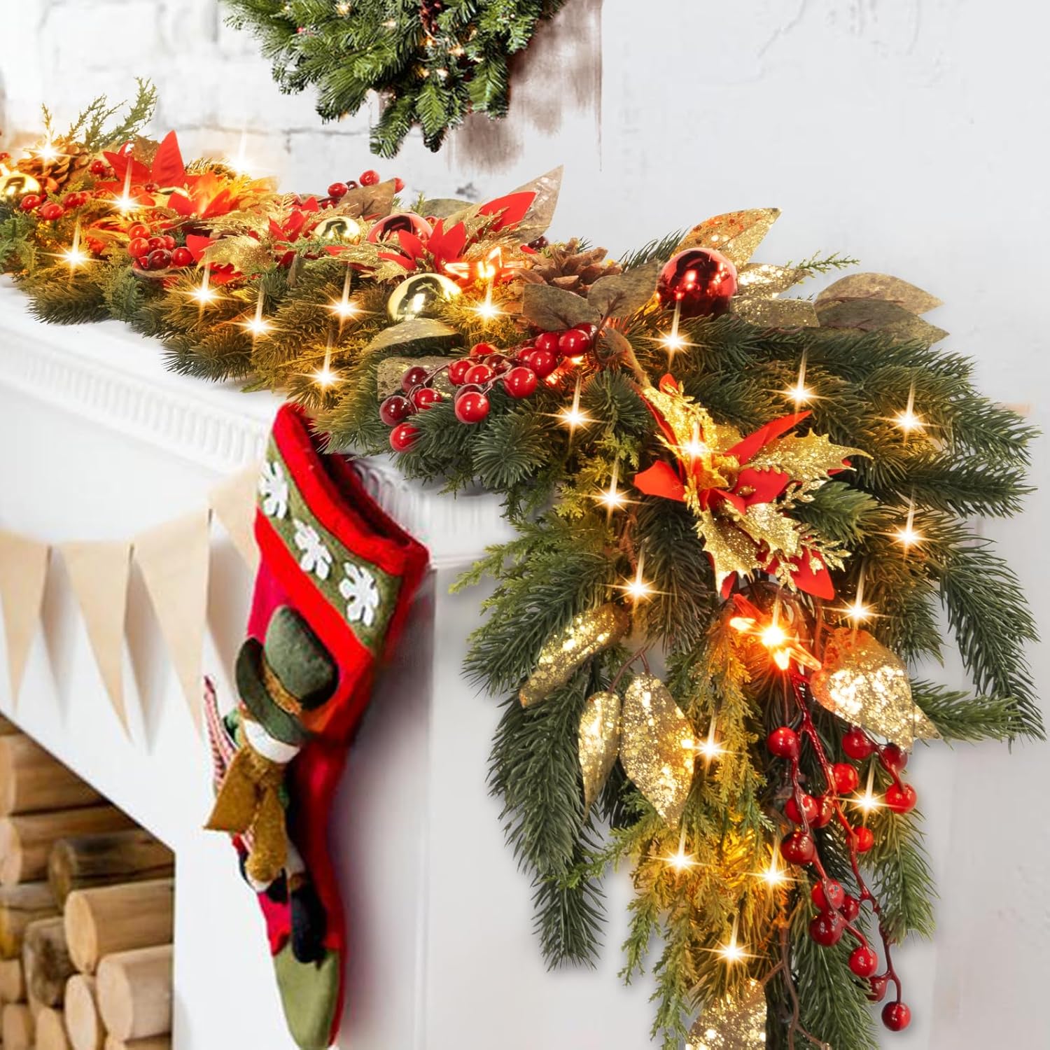 6.6Ft Christmas Garland with Light, 20 LED Light Prelit Garland, Battery Operated Timer for Christmas Decor, Greenery Plant Berry Pine Cone Snowflake for Christmas Decorations Table Fireplace Mantle