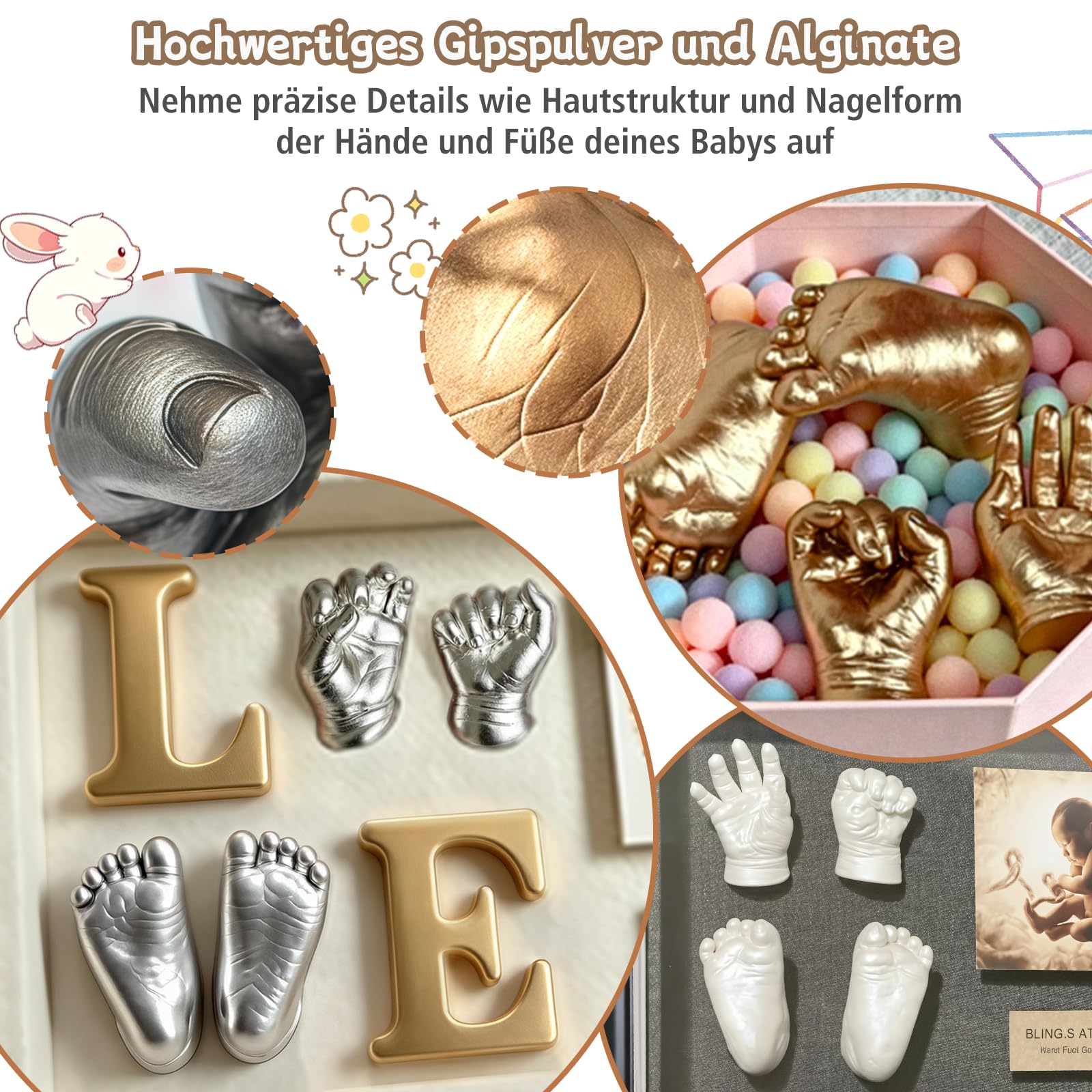 3D Gipsabdruck Baby Hand und Fuß(4 Abdrücken), Taricor Ungiftig Hand und Fußabdruck für Neugeborene, Abdruck Hände und Füße für Neugeborene für Babydusche Geschenk/Babyparty (0-9 Monate)