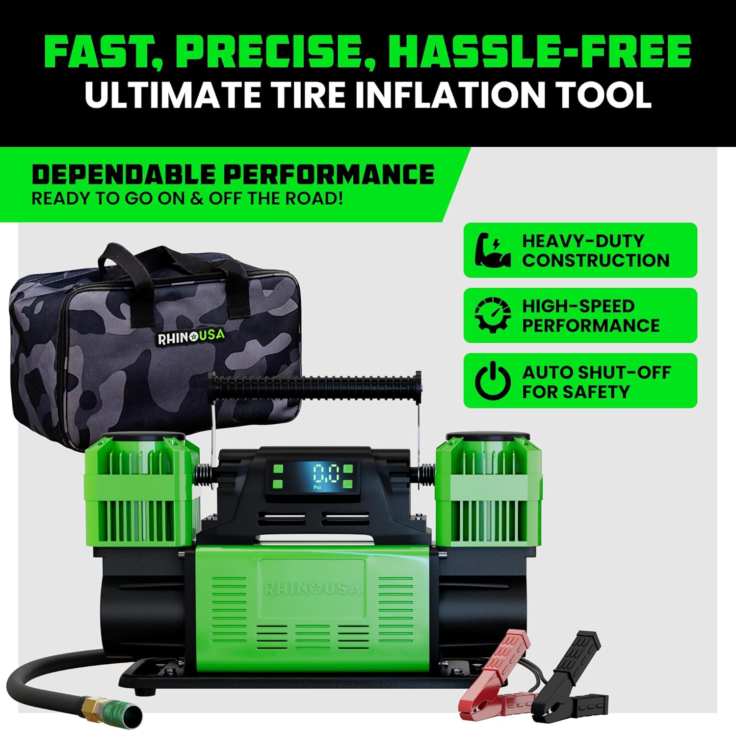 Rhino USA Dual Tire Air Compressor – 12V Portable Pump, 10.6 CFM, Auto Shutoff, Built-in Pressure Gauge, Serviceable Filters, Rubber Mounts, Quiet Operation – Accessories for Off-Road & Truck Tires