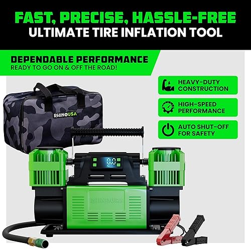 Miniatura 3 de Rhino USA Compresor de aire de doble neumático: bomba portátil de 12 V, 10.6 CFM, apagado automático, manómetro integrado, filtros útiles, soportes
