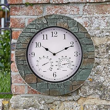 Bluestone Brick Effect 34cm Large Waterproof Wall Clock with Thermometer and Hygrometer, Silent Battery Operated Decorative Retro Outdoor/Indoor Clock