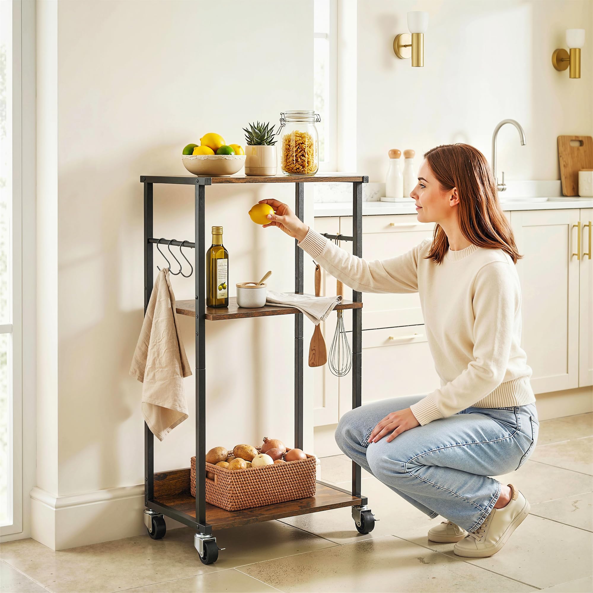 HOMCOM Carrello Porta Stampante a 3 Livelli, Supporto Stampante con Ruote con Freno e 6 Ganci, Salvaspazio in Metallo e Legno, per Casa, Studio, Ufficio, Industriale, 43x30x82cm, Marrone Rustico