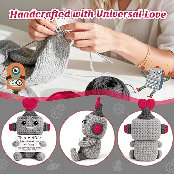 Funny Robot Gifts for Boyfriend Girlfriend Him Her, Handmade Crochet Error 404 Robot, Wedding Anniversary Valentines Day Birthday Presents for Women Men, I Love You Gift for Husband Wife