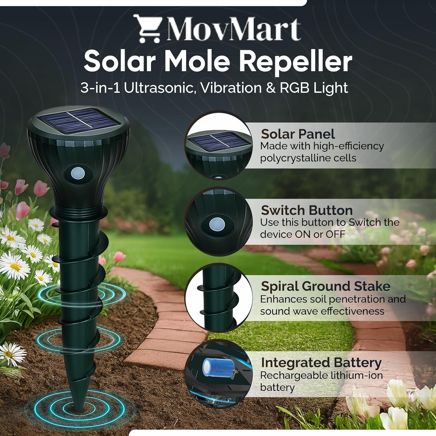 Mole Repellent Solar Powered 4 Pack, Snake & Vole Repeller Outdoor, Gopher Repeller Ultrasonic Solar Powered for Lawn Garden, Waterproof Sonic Mole Spikes for Yard Protection from Groundhogs. (1)