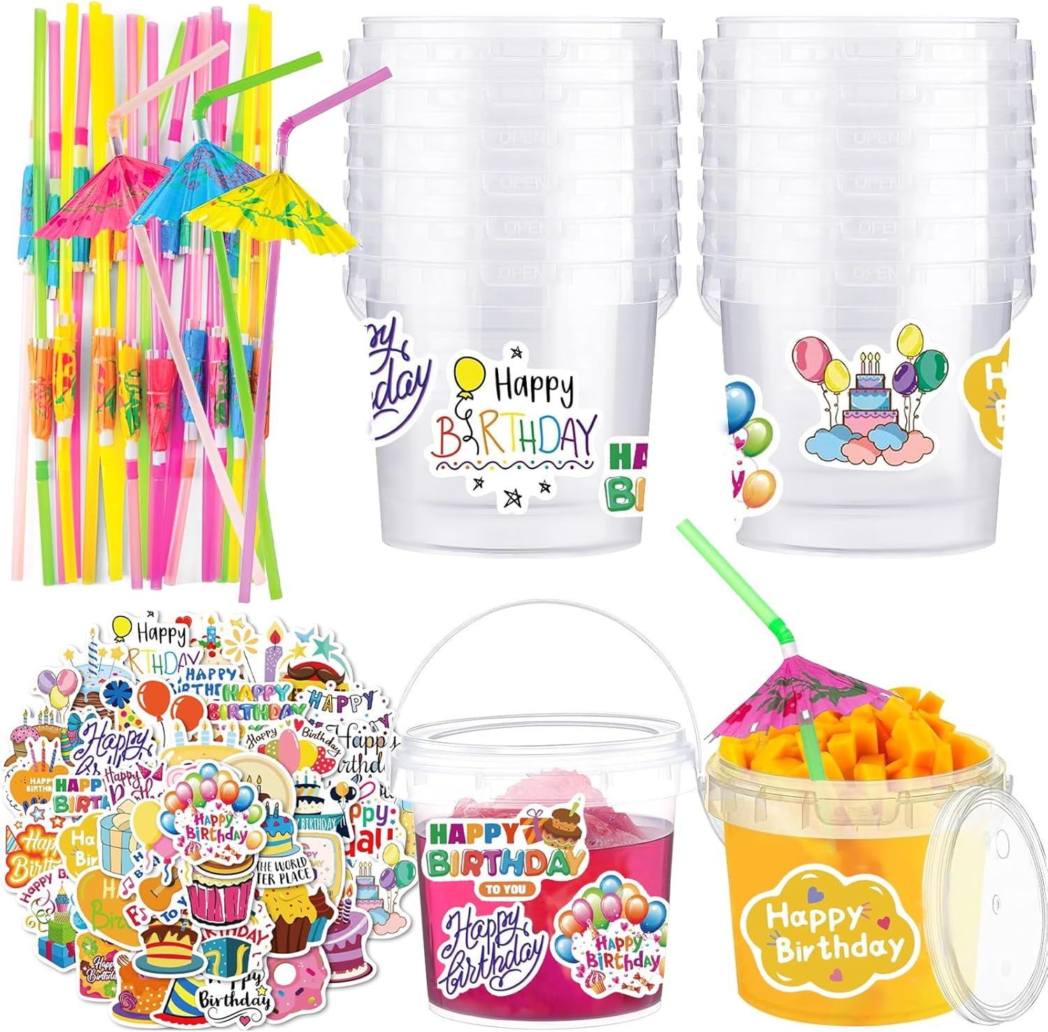20 Sets 32 oz Ice Cream Buckets with Lids and Handles Clear Plastic Cocktail Rum Drink Buckets Reusable Food Storage Containers Ice Cream Tub for Parties