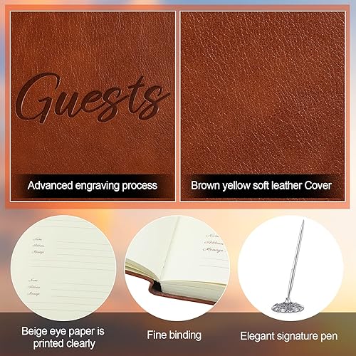 Miniatura 5 de Juego de libro de invitados de cuero y soporte para bolígrafos, 10.5 x 8 pulgadas, libro de registro de invitados en relieve para funeral, recepción