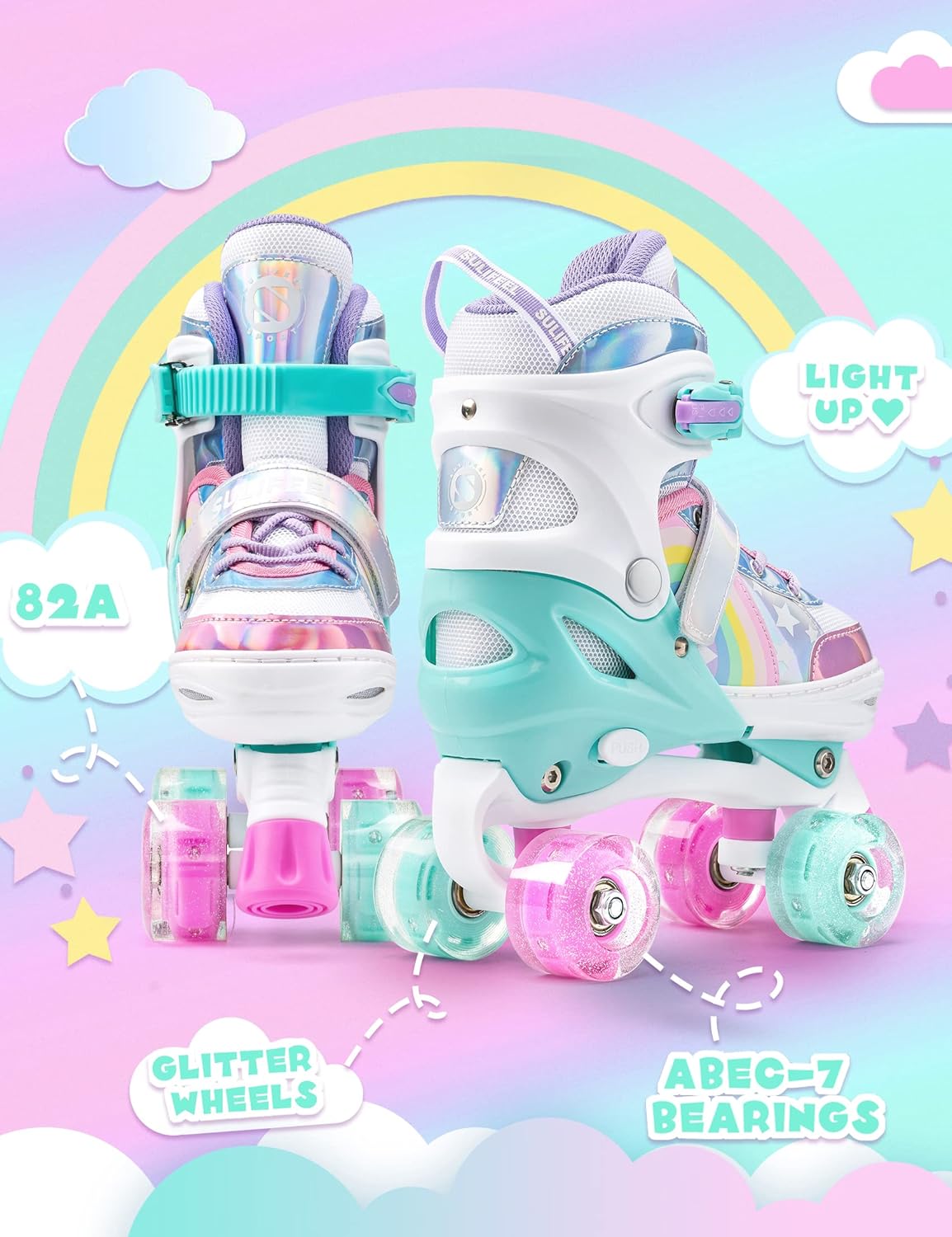 SULIFEEL Rainbow Unicorn Roller Skates for Kids with Adjustable Protective Gear Set Shiny Small