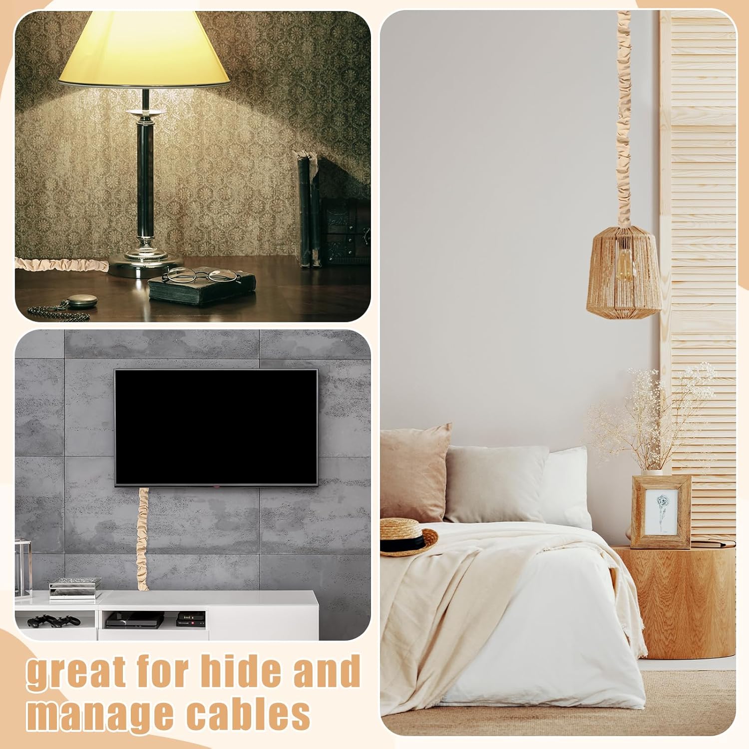 4 Pcs 6 ft Fabric Cord Cover Decorative Cord Cover Burlap Cable Chain Sleeve for Chandelier Lamps Lighting Wires Cable Management