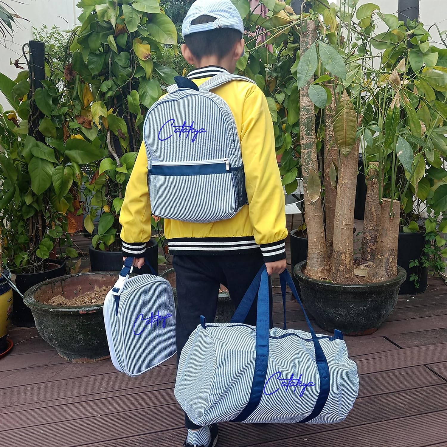 seersucker backpack, seersucker lunch box, personalized seersucker backpack, boy birthday gift, diaper bag, Pink, 2-piece set image 2