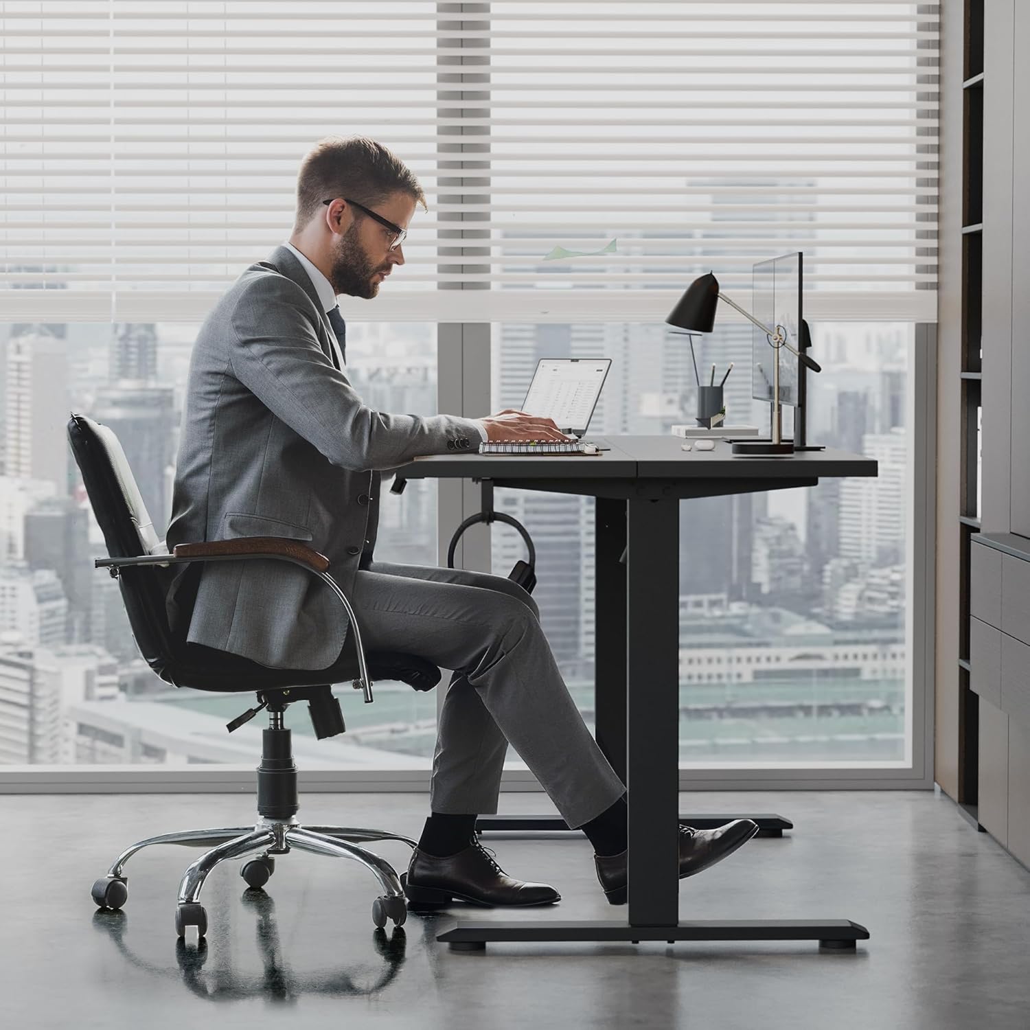 klicelor l shaped standing desk 63 x 55 inch, electric height adjustable corner desk for home office workstation, ergonomic sit stand computer table with memory controller, black black 63 x 55 inch