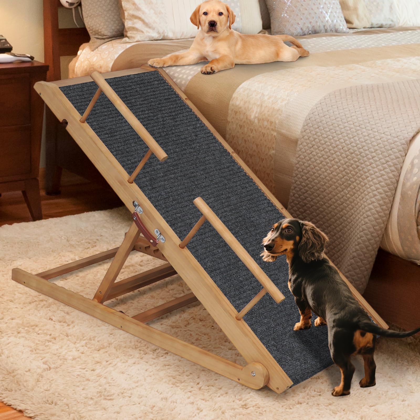 Höhenverstellbare Hunderampe für Bett, Couch, extra breit, 45 cm, tragbare Haustierrampe aus Holz, rutschfeste Hunderampe, 6 verstellbare Höhen für kleine, mittelgroße und große Hunde (Traglast 75 kg)