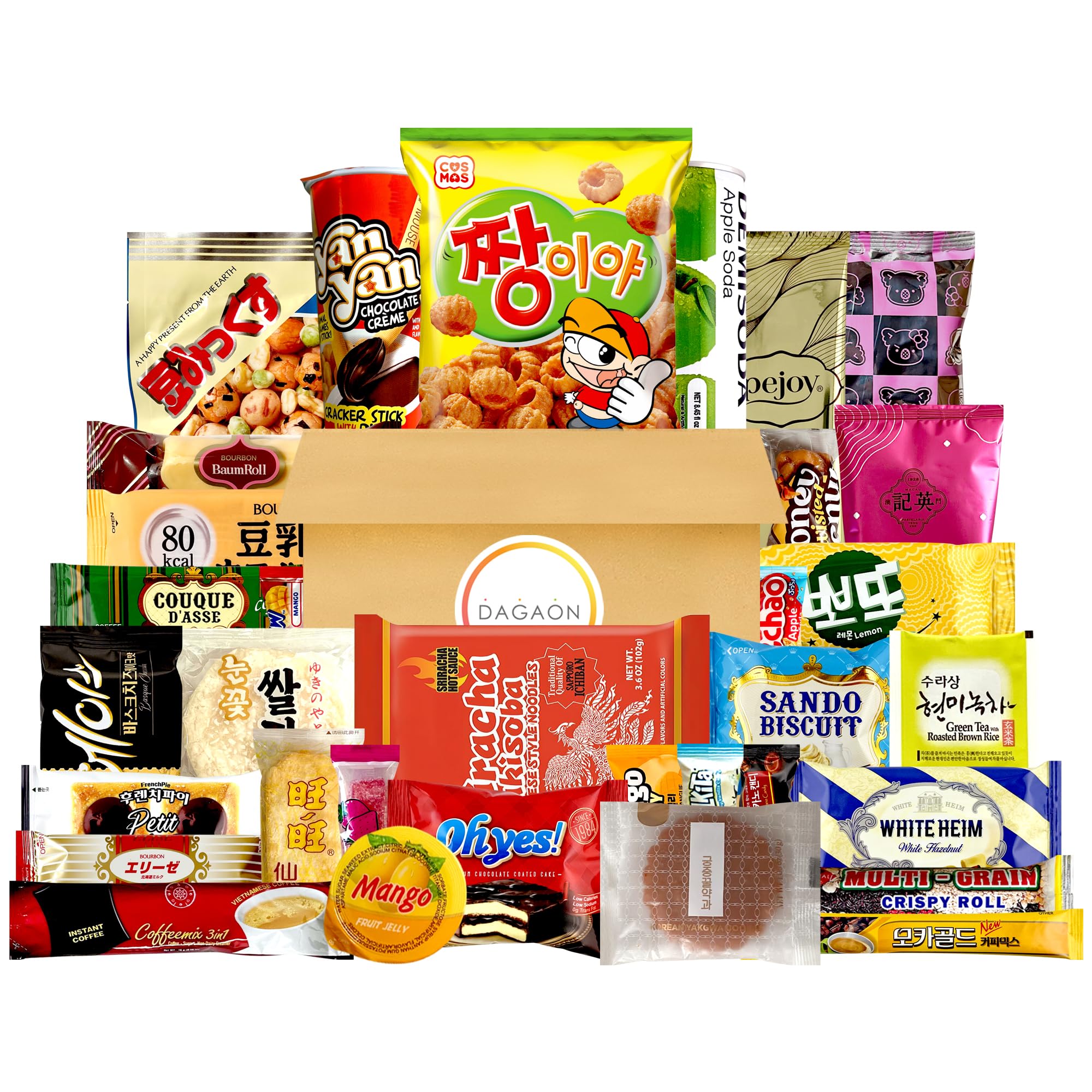 Dagaon Asian Snack Box 34 Count – Assortment of Snacks Including Ramen, Chips, Biscuits, Cookies, Pies, Candies and Much More from Korea, Japan, China, Indonesia, Taiwan, Vietnam, Etc.